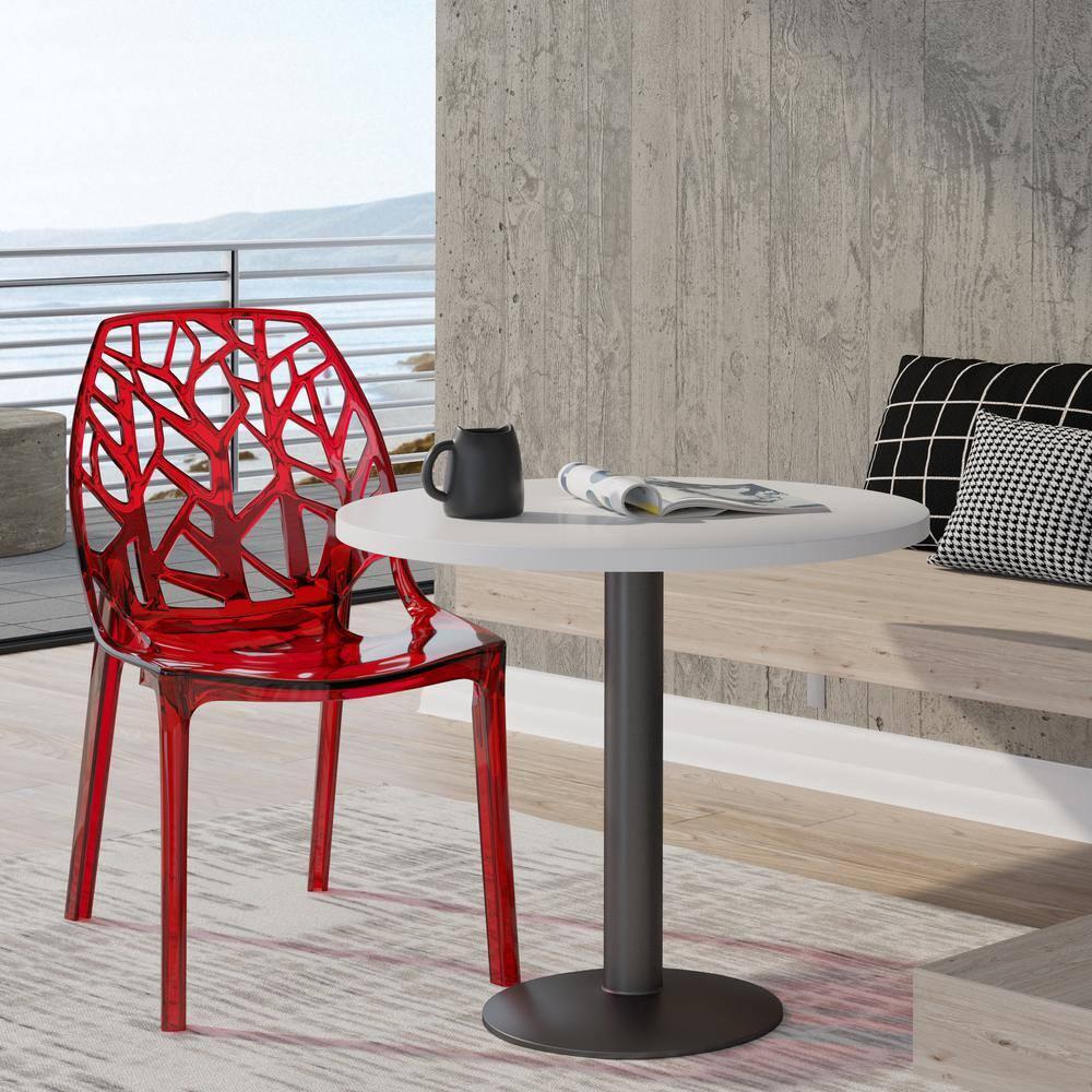 LeisureMod Cornelia Modern Plastic Dining Chair with Cut-Out Tree Design, Transparent Red