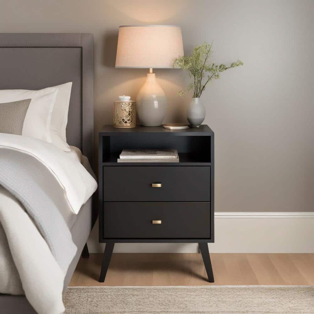 Mid Century Modern 2 Drawer Tall Nightstand with Shelf Black - Prepac: Brushed Brass Knobs, Wood Legs