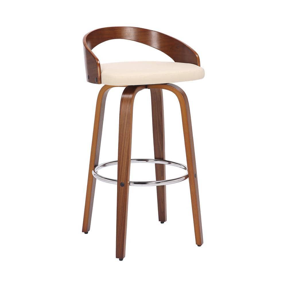 Sonia 26 in.  Counter Height Swivel Cream Faux Leather and Walnut Wood Bar Stool