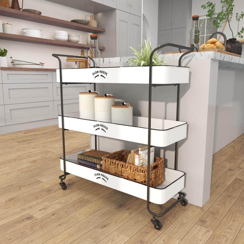 DecMode 32" x 35" White Metal Kitchen Rolling 3 Shelves Bar Cart with Black Accents and Farm House Design, 1-Piece