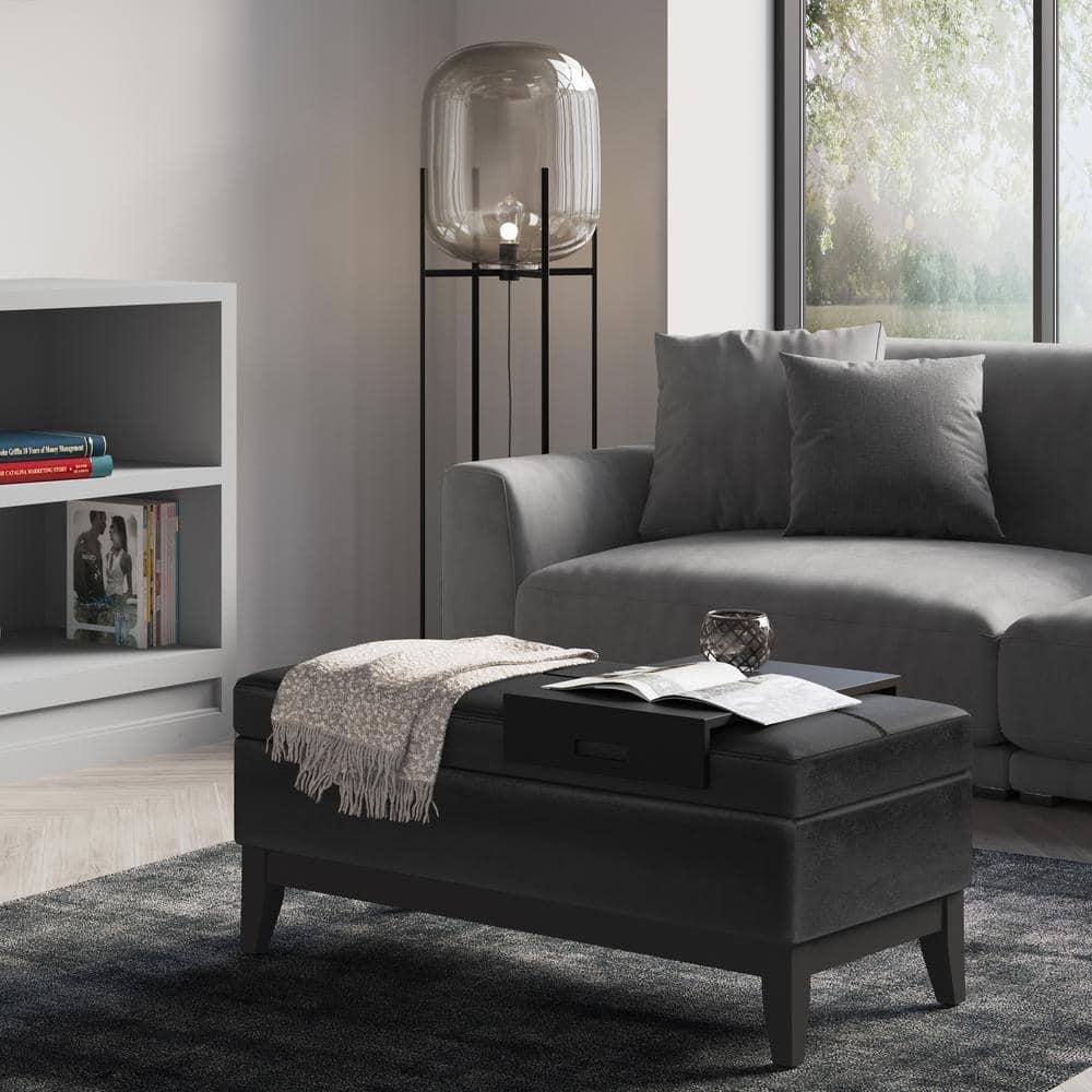 Simpli Home Oregon 42"W Upholstered Storage Ottoman Bench with Lift-Top Lid and Tray
