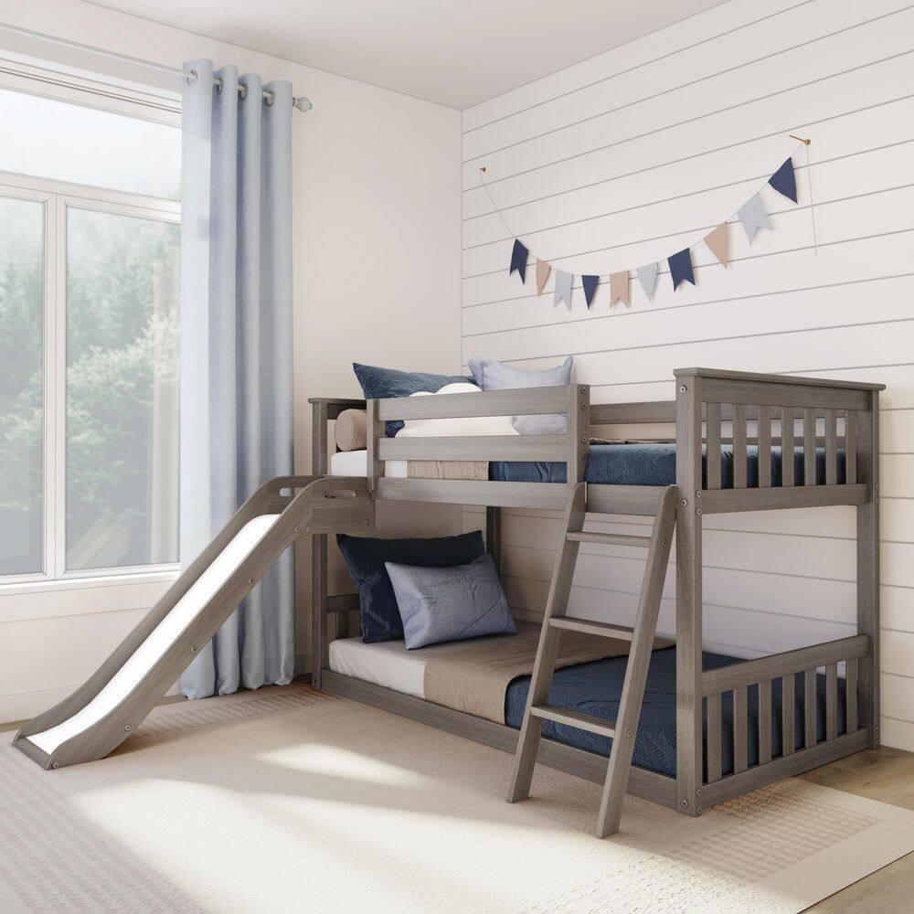Max & Lily Twin Over Twin Low Bunk Bed with Slide, Solid Wood Kids Platform Bed with 14” Guardrails, Clay