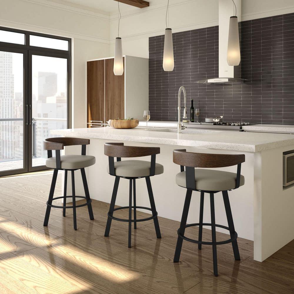 Amisco Lars Upholstered Barstool Greige/Black: Faux Leather, Steel Frame, 30" Fixed Height
