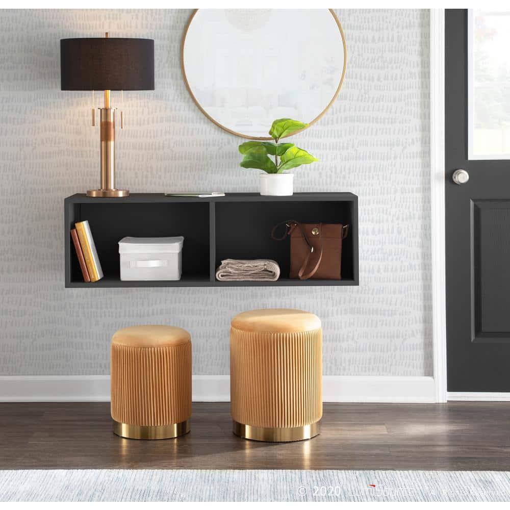 Marla Contemporary Nesting Pleated Ottoman Set Gold/Orange Velvet - LumiSource: Chic Design, Space-Saving, Metal Base