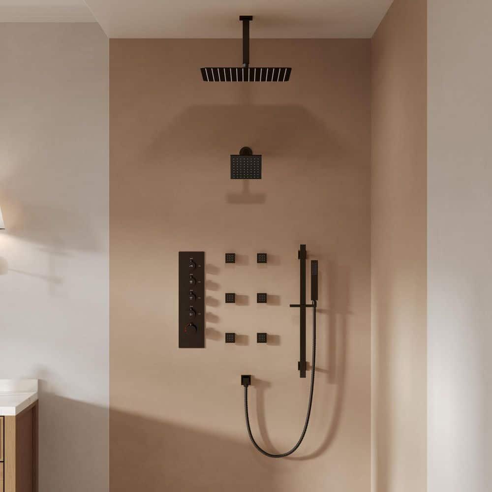 GRANDJOY 16 inch Complete Dual Shower Head System, Celling Mounted Shower Faucet Set with Hand Shower Head, Rough in-Valve, 6 Massage Body Jets - Matte Black
