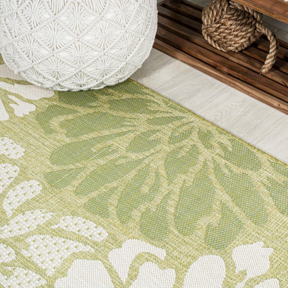 5' x 5' Zinnia Modern Floral Textured Weave Indoor/Outdoor Area Rug, Green/Cream - JONATHAN Y