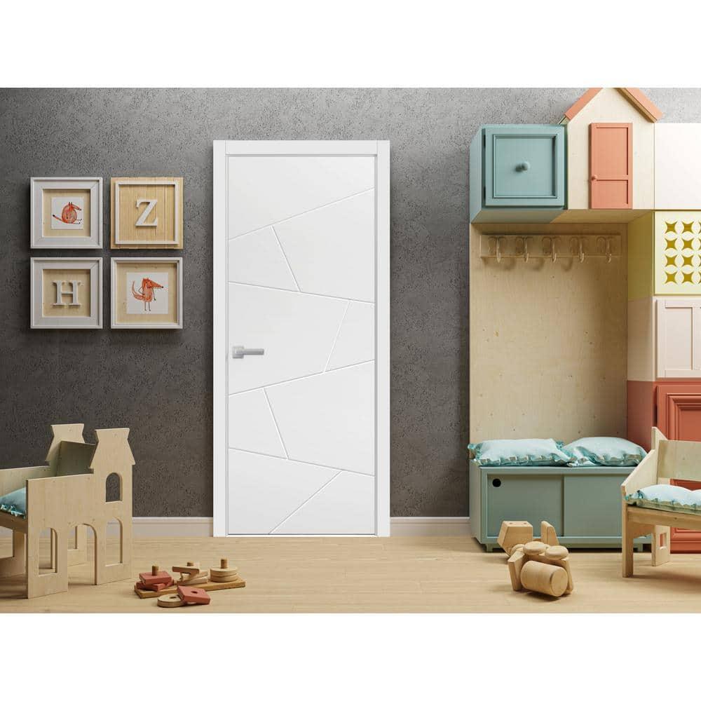 Modern Wood Interior Pre-Hung Door with Hardware | Planum 0990 White Silk | Single Panel Frame Trims | Bathroom Bedroom Sturdy Doors-42" x 80"