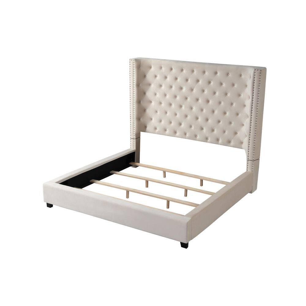 Beige Velvet Upholstered Queen Bed with Tufted Headboard
