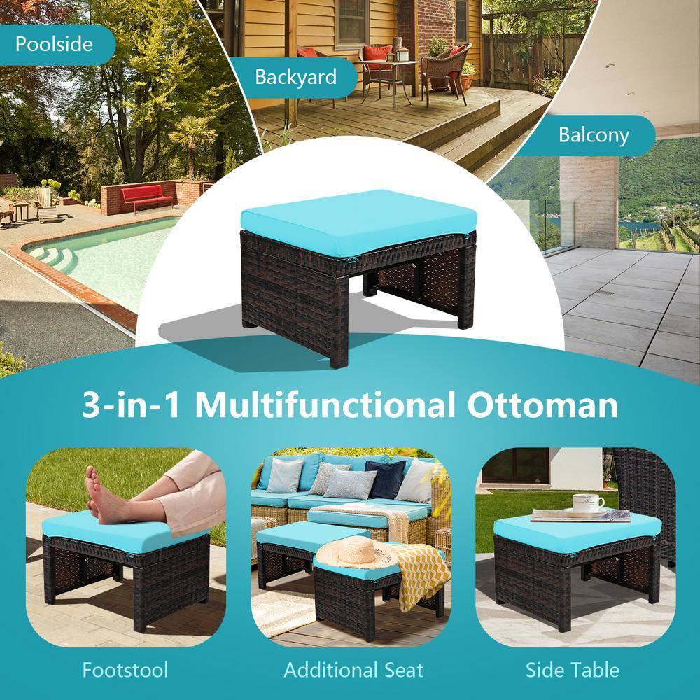 Tangkula 2 PCS Outdoor Wicker Ottoman Patio Rattan Furniture Metal Footrest Seat Square Footstool with Cushion Turquoise