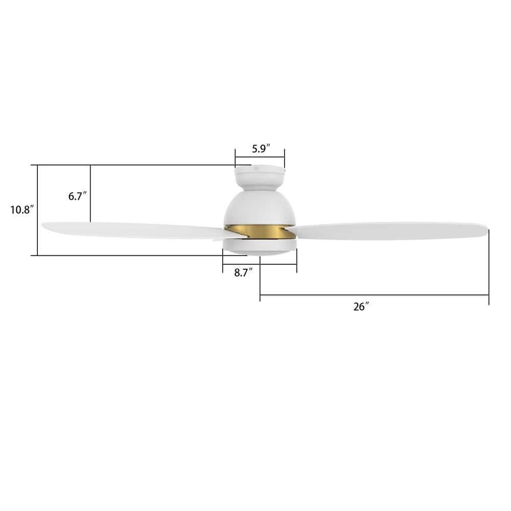 52" White/Gold Indoor Low Profile Smart Ceiling Fan with Remote Control and Dim Lights