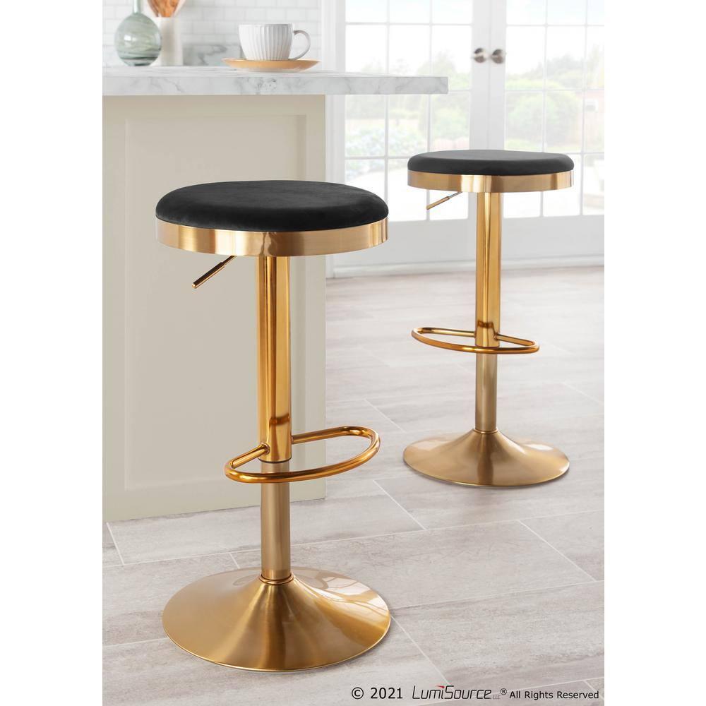 Set of 2 Dakota Glam Adjustable Barstools Steel/Velvet Gold/Black - LumiSource: Swivel, Footrest, Mid-Century Modern Design