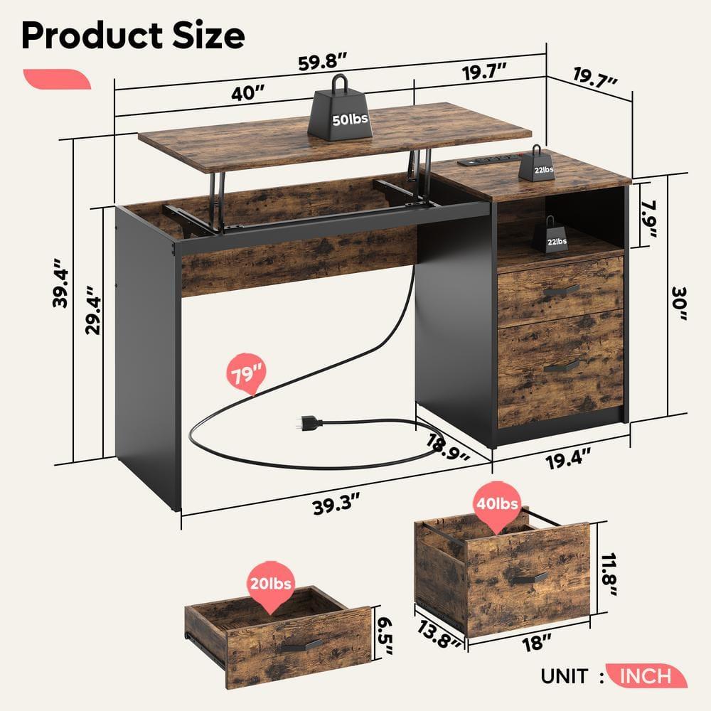 Bestier 60 Inch Home Office Desk with Power OutLets Rustic Brown