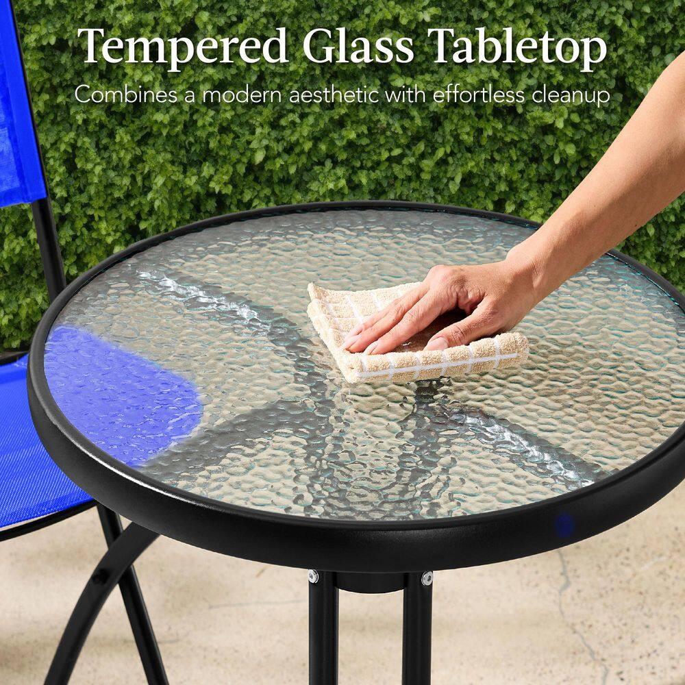 George Oliver 3-Piece Patio Bistro Dining Furniture Set W/ Glass Tabletop, Folding Chairs