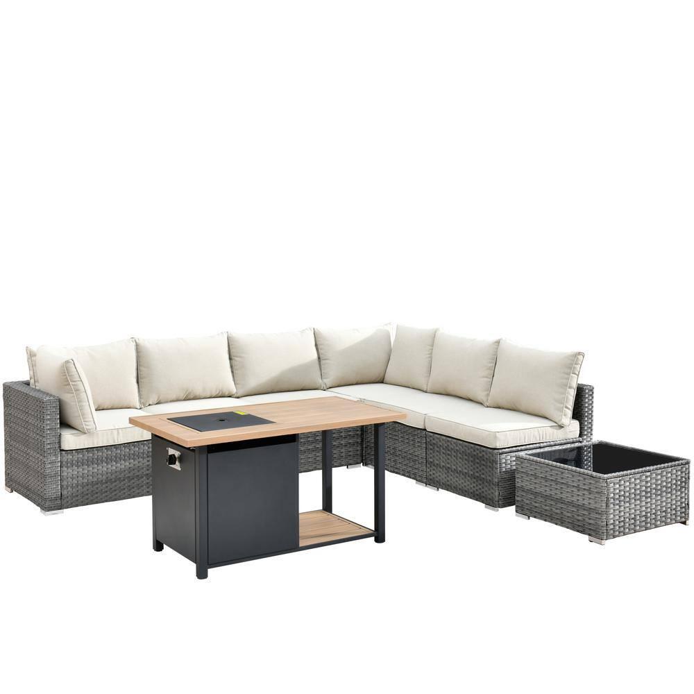 Ovios Venice 8pc Wicker Outdoor Patio Furniture Set Conversation Sofa with a Storage Fire Pit and Navy Blue Cushions
