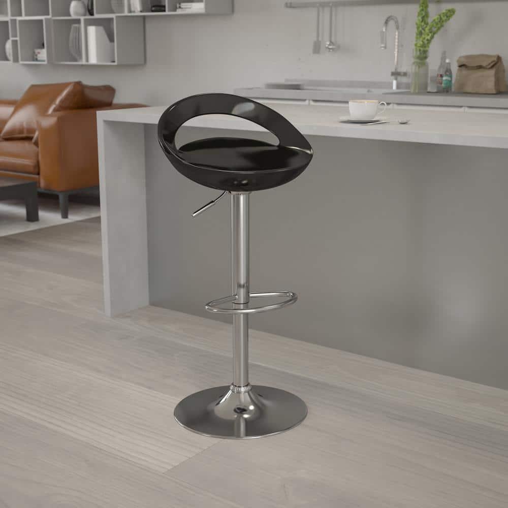 Flash Furniture Contemporary Black Plastic Adjustable Height Barstool with Rounded Cutout Back and Chrome Base