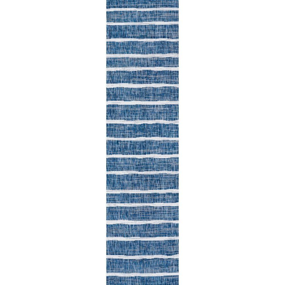 2'x10' Colonia Berber Stripe Indoor/Outdoor Runner Rug, Blue/Ivory - JONATHAN Y