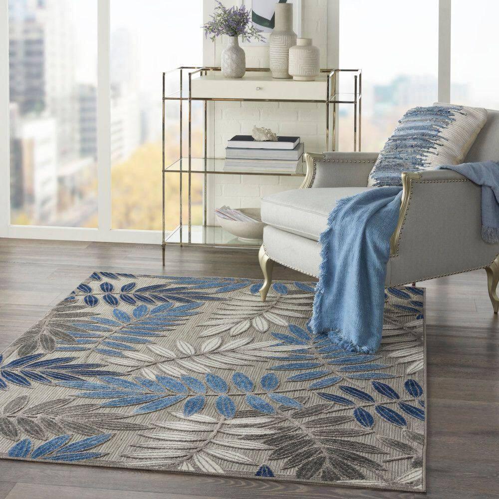 Nourison Aloha Floral Leaf Flatweave High-Low Indoor Outdoor Area Rug Grey/Blue 3'6" x 5'6"