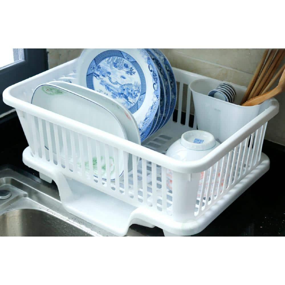 Basicwise Heavy Duty 2-Piece Plastic Dish Drying Rack Set in White - Includes Large Dish Drainer, Attached Drainboard, and Utensil Cup Holders for Home Kitchen Countertop Organization