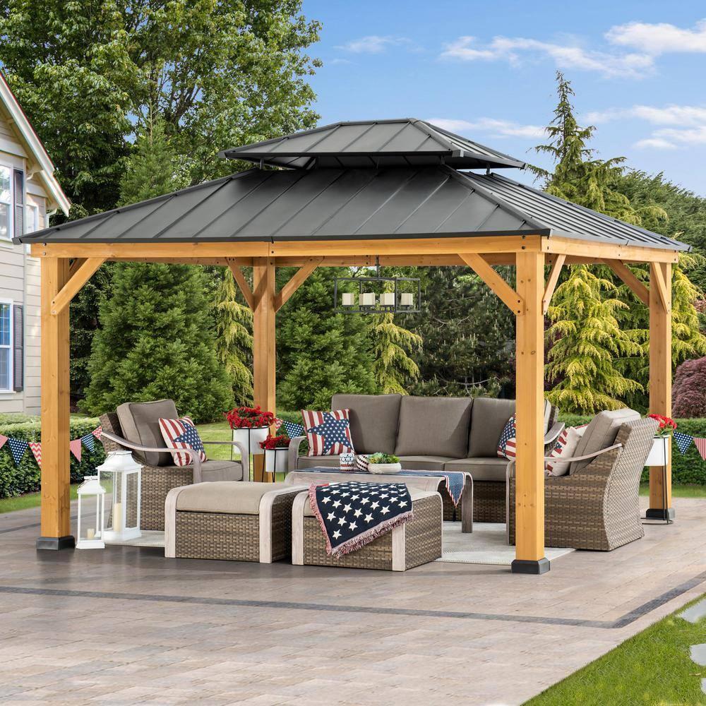 11x13 Cedar Wood Gazebo with Black Metal Double Roof