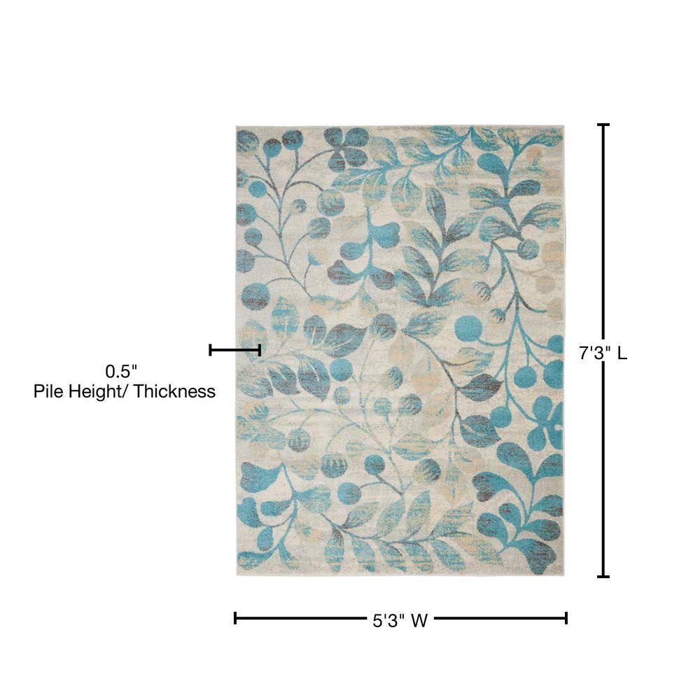 Nourison Tranquil 5'3" X 7'3" (5' x 7') Ivory/Turquoise Area Rug Contemporary Botanical Vine and Bloom by Nourison