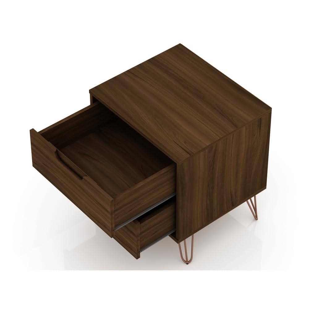 Set of 2 Rockefeller 2 Drawer Nightstands Brown - Manhattan Comfort: Mid-Century Design, Metal Legs, MDF Construction