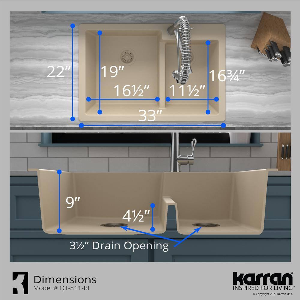 Karran Quartz 33'' X 22'' 60/40 Double Bowl Drop-in Kitchen Sink