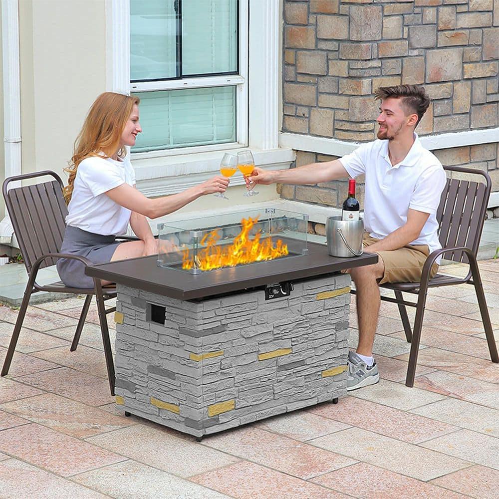 43" Propane Fire Pit Table Outdoor Rectangular Stone Firepit Table 50000 Btu Propane Fire Tables for Outside Patio with Glass Wind Guard, Lid, Fire Glass Beads, Pizzello Caldo (Gray Stone)