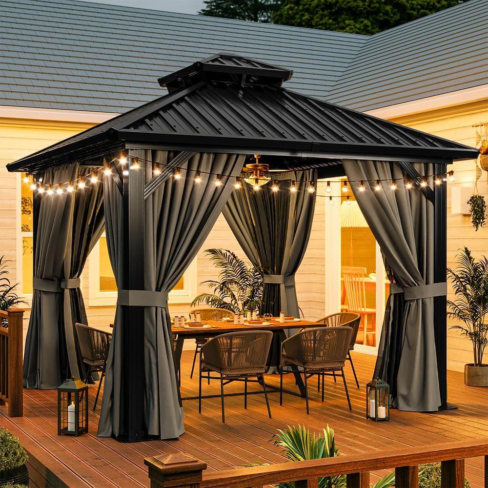 10'x10' Gazebo Outdoor Aluminum Frame Gazebo, Polycarbonate Combined Single Hardtop Roof, Black
