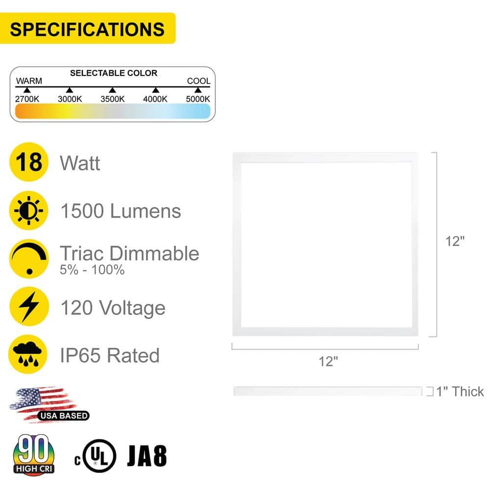 NUWATT NUWATT 4 Pack, 1x1 Flat Panel LED Square Light, 5CCT 2700K/3000K/3500K/4000K/5000K Selectable, 1500LM 18W, Internal Driver, Dimmable, 120V, CRI90, 12" Inch Square Surface Mount Ceiling Light, 1" Thick (Set of 4)