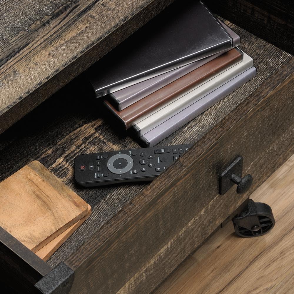 Steel River TV Stand for TVs up to 55" Brown - Sauder: Industrial Style, Open Shelving, Metal Frame