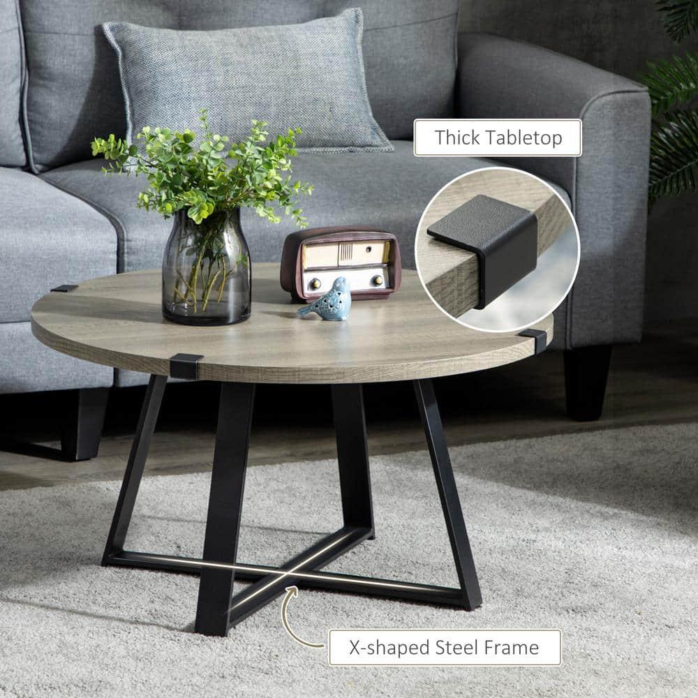 HOMCOM Round Coffee Table, Accent Center Table Steel Legs Living Room Furniture, Wooden Coffee Table, Light Gray