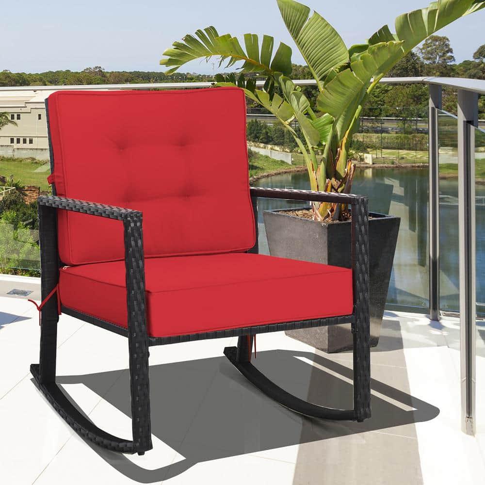 Costway 2PCS Patio Rattan Rocker Chair Outdoor Glider Wicker Rocking Chair Cushion Red