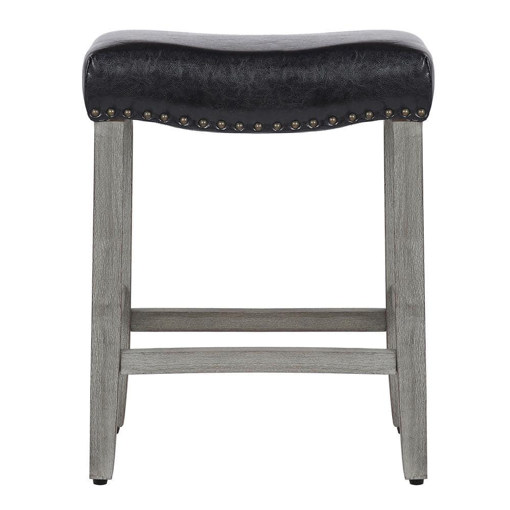 Polytrends Jameson Upholstered Polyester Gray 24 Inch Counter Stool Antique Gray/Black Wood Rubberwood Footrest Leather Glam