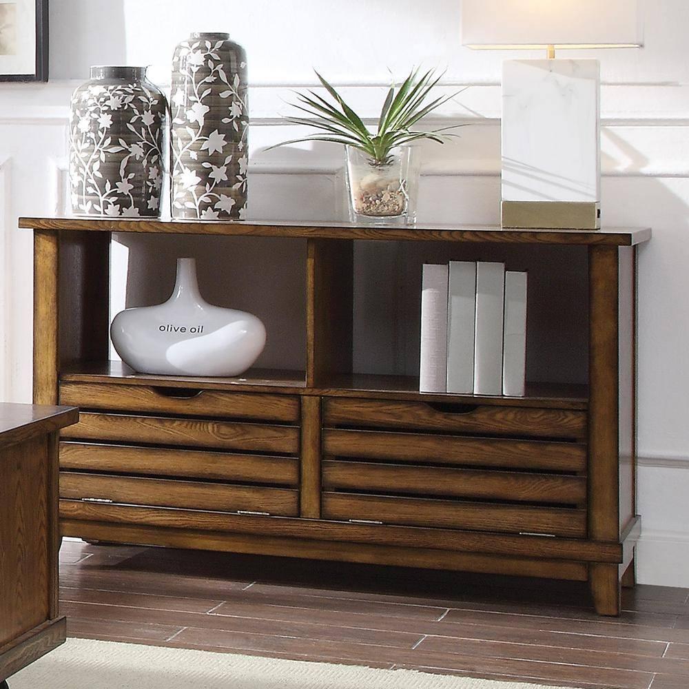 Slatted Front Sofa Table with Two Drawers and Two Shelf Brown - Saltoro Sherpi