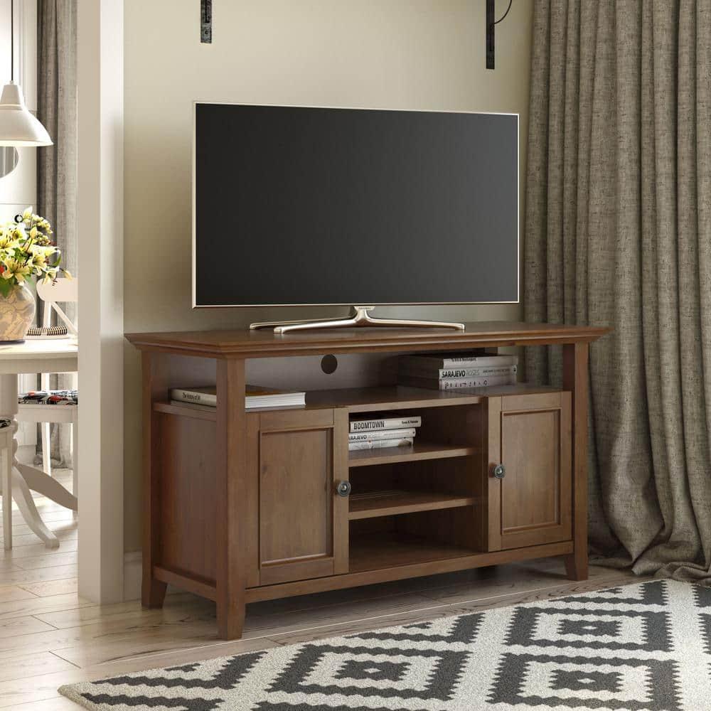 Simpli Home Amherst Wood TV Media Stand in Saddle Brown