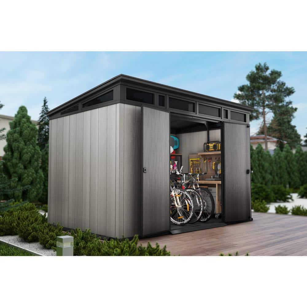 Keter Keter Artisan 11x7 ft. Modern Durable Resin Outdoor Storage Shed With Floor and Double Doors for Garden Patio Furniture and Tools, Grey