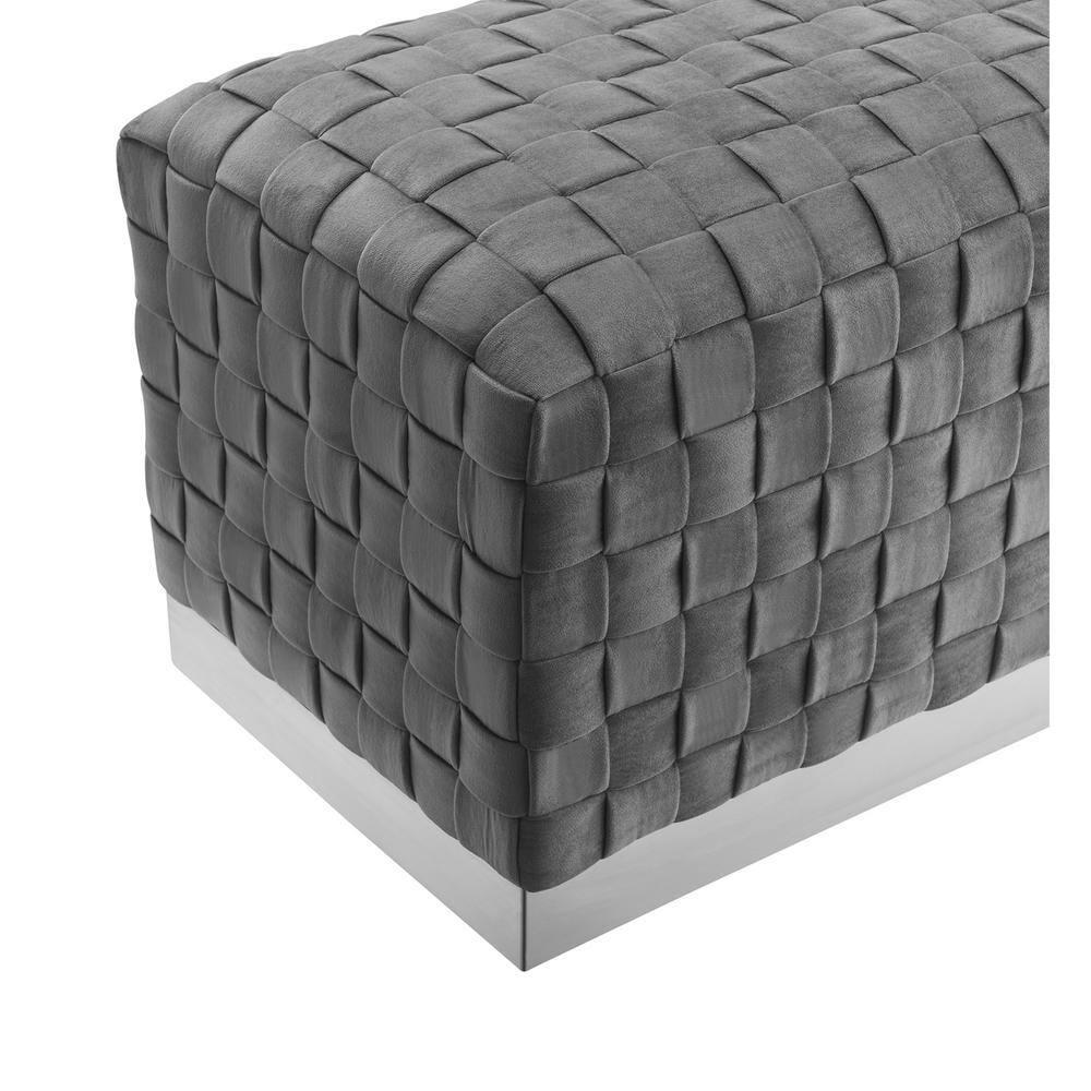 Boe Grey/Chrome Velvet Bench - Intricate Woven Pattern, Chrome Stainless Steel Base