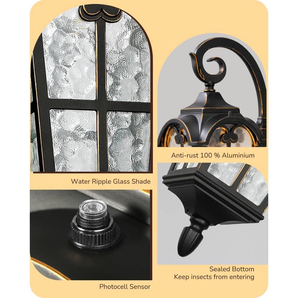 17.3 in. Black Dusk to Dawn Outdoor Wall Lantern Sconce Light with Built-in 2 GFCI Outlet