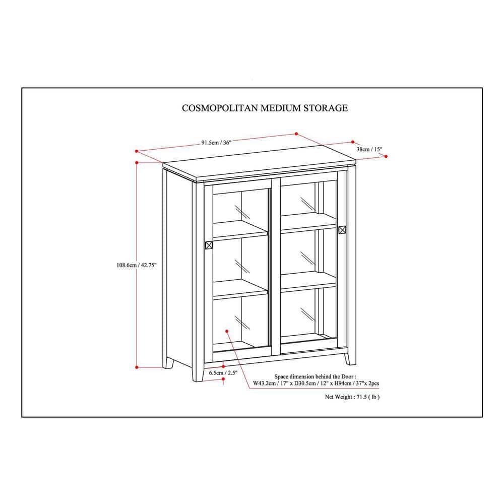 Simpli Home Cosmopolitan 36"W Solid Wood 4-Shelf Contemporary Medium Storage Cabinet with Sliding Glass Doors