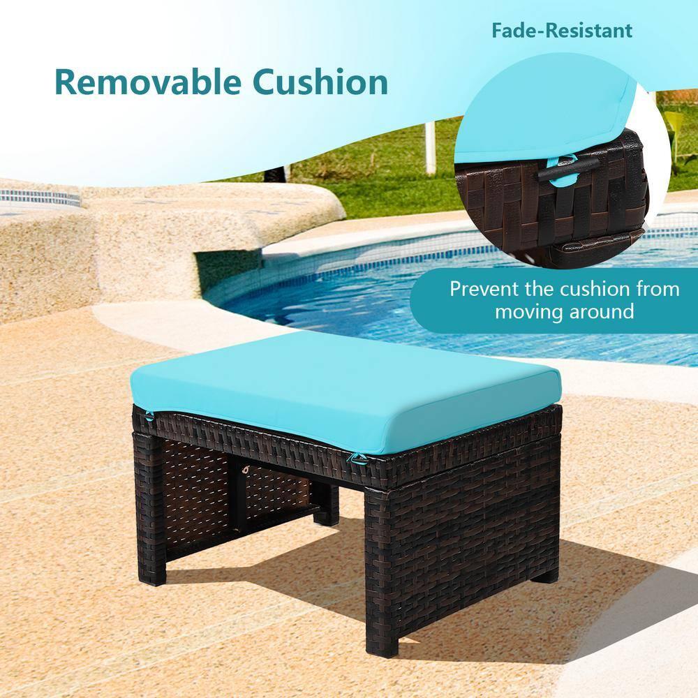 Tangkula 2 PCS Outdoor Wicker Ottoman Patio Rattan Furniture Metal Footrest Seat Square Footstool with Cushion Turquoise
