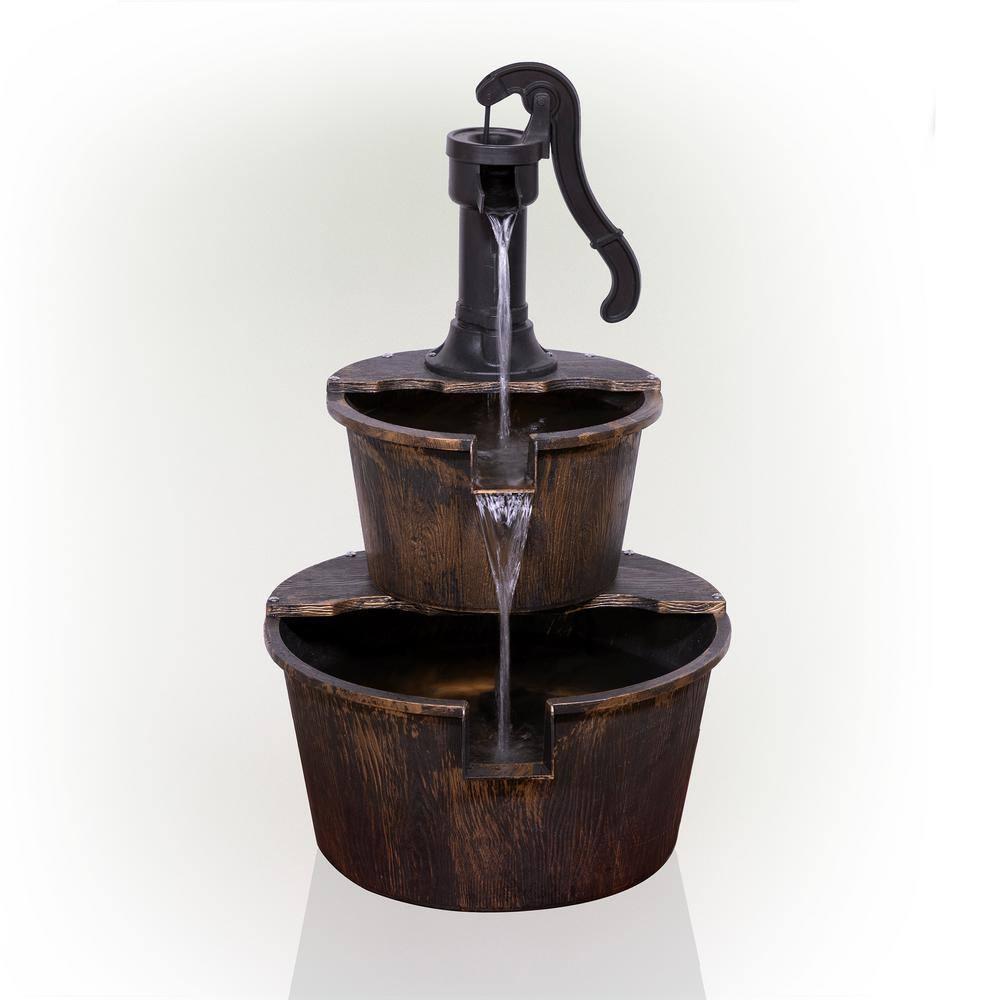 Alpine Corporation 27" Two-Tier Barrel & Pump Outdoor Fountain, Bronze