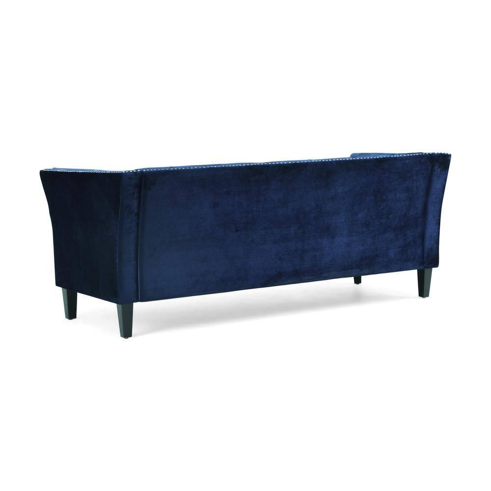 Noble House Claridge Button Tufted Velvet Sofa, Midnight Blue, Dark Brown