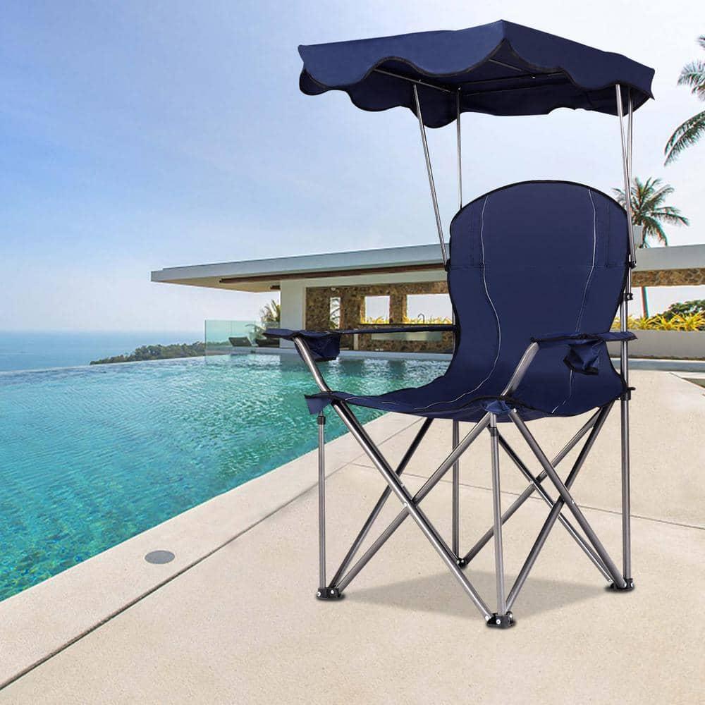 Topcobe Portable Folding Beach Canopy Chair with Cup Holders, Camping Chairs with Canopy, Blue