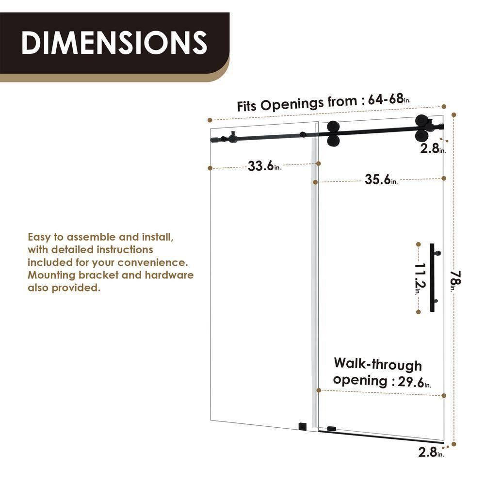 64" - 68" W x 78" H Single Sliding Frameless Shower Door