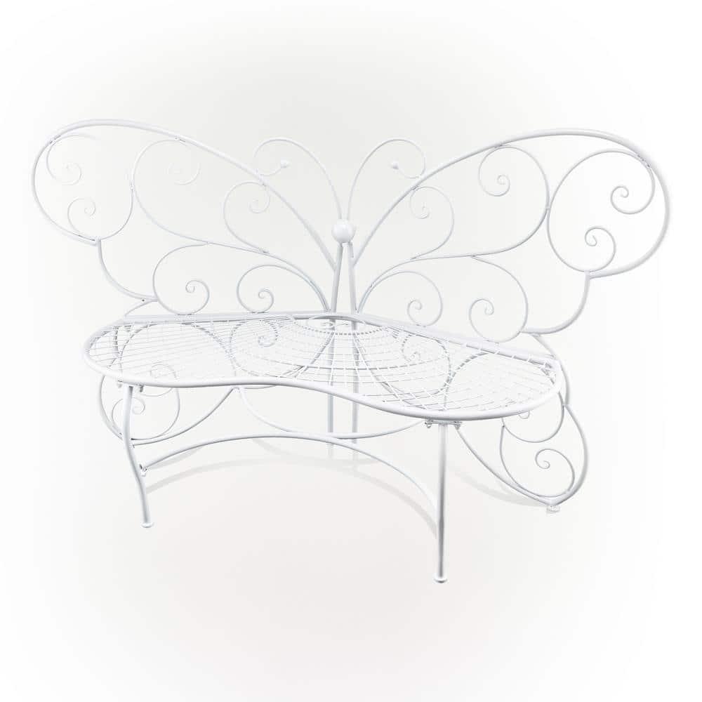 38" x 62" Metal Butterfly Outdoor Bench White - Alpine Corporation: Weather-Resistant, Garden Seating