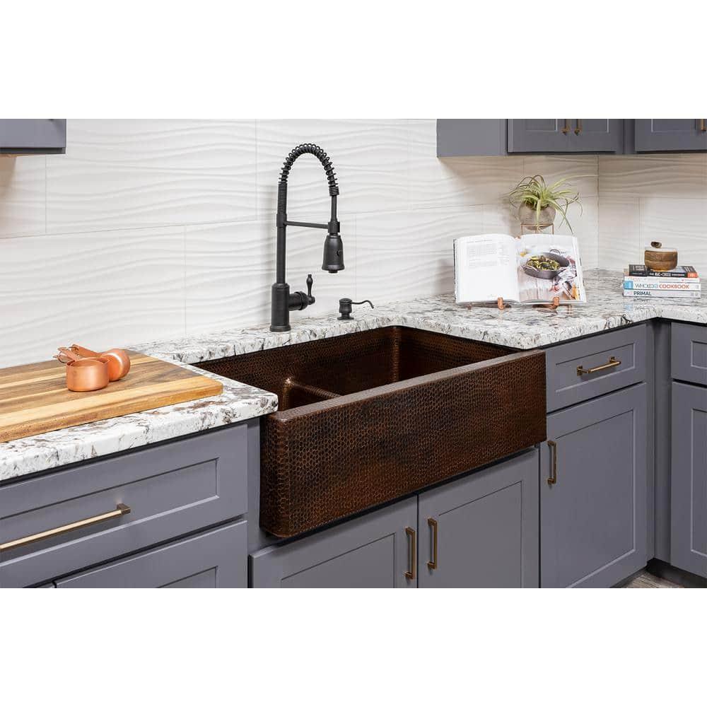 33" Hammered Copper Kitchen Apron 50/50 Double Basin Sink with Short 5" Divider w/ Matching Drains and Accessories