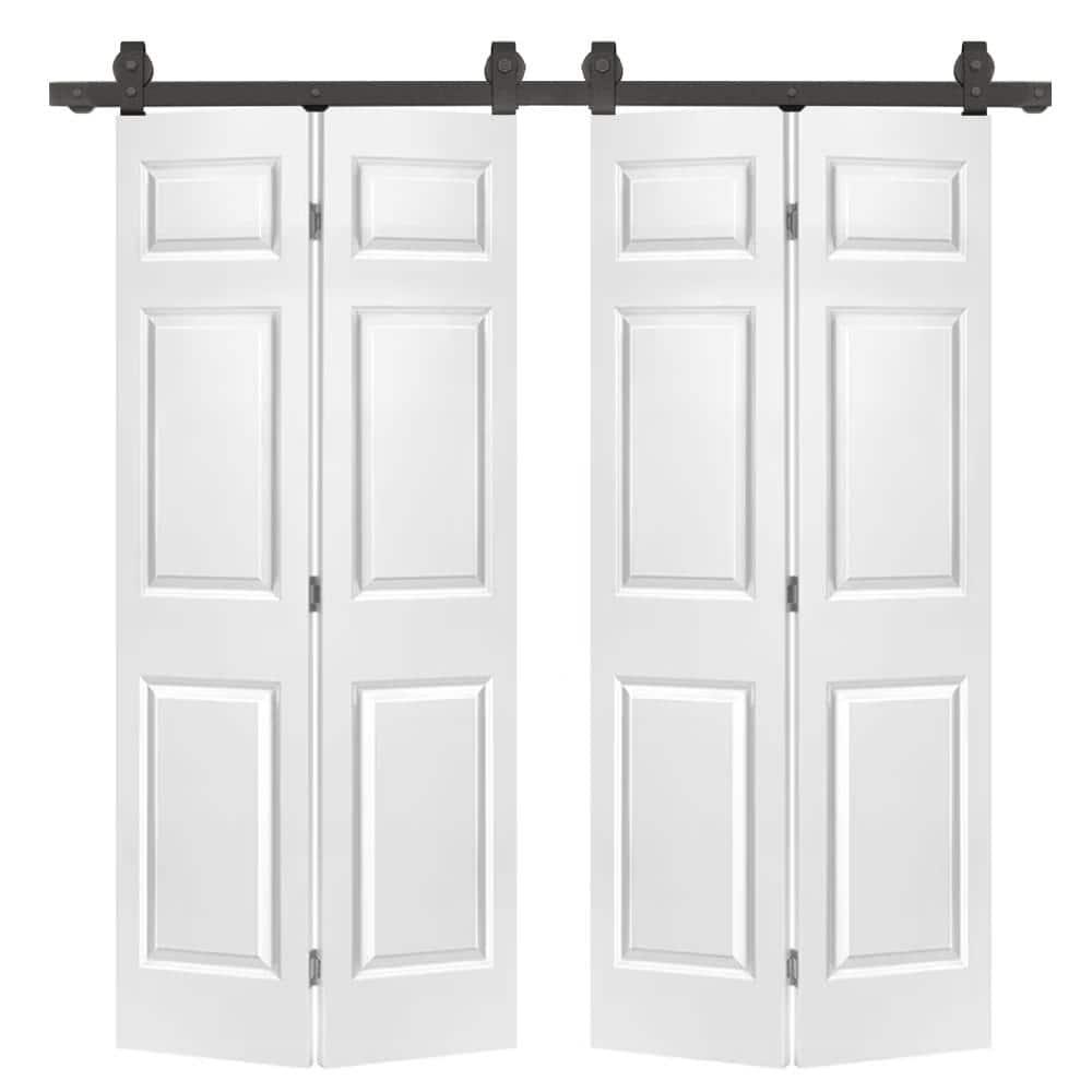72 in. x 80 in. Hollow Core 6 Panel Primed MDF Composite Double Bi-Fold Barn Doors with Sliding Hardware Kit