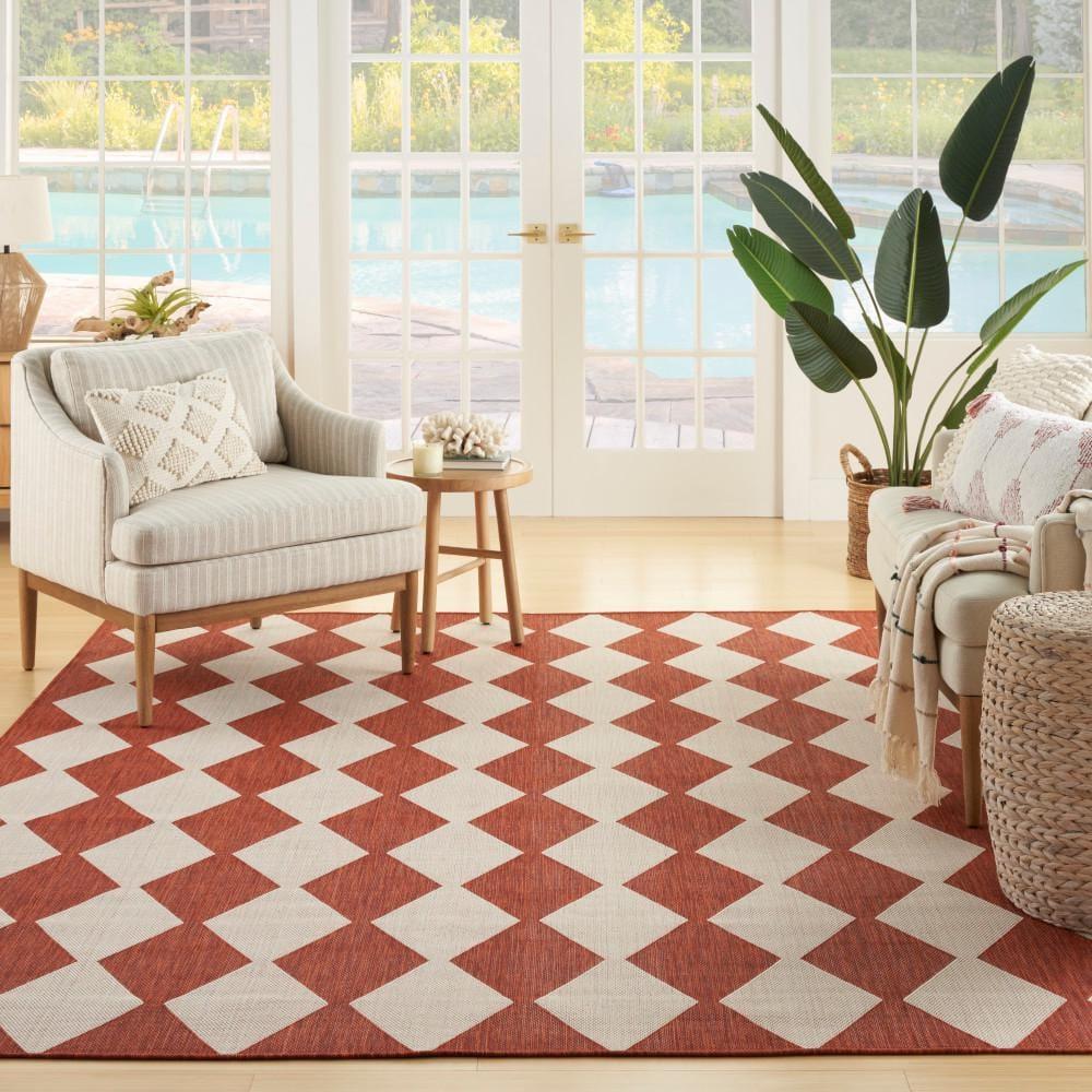 Nourison Positano Retro Diamond Flatweave Indoor Outdoor Low Pile Area Rug Terracotta 7' x 10'