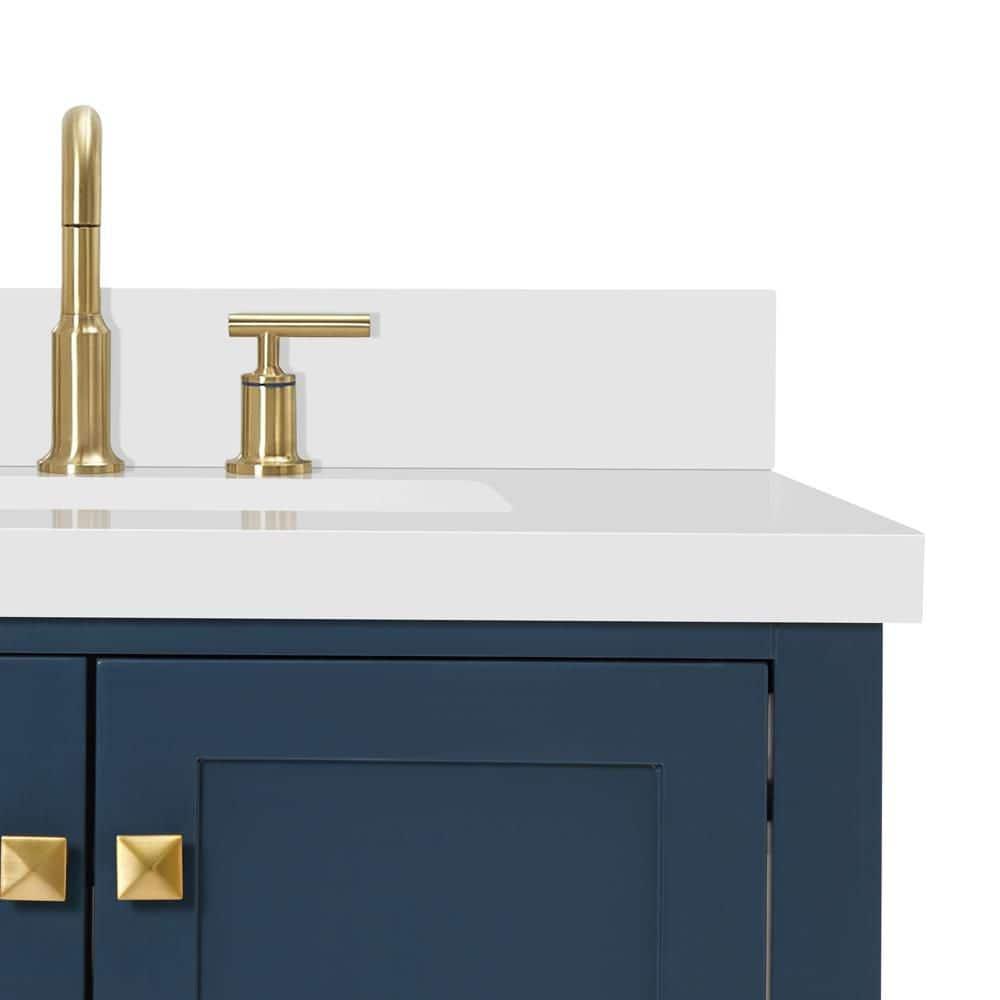 ARIEL Cambridge 43 Inch Midnight Blue Bathroom Vanity with Single Sink, Solid Wood, White Quartz Countertop, 1.5-Inch Edge, Right Rectangular Undermount Sink, 2 Soft Closing Doors, 5 Drawers