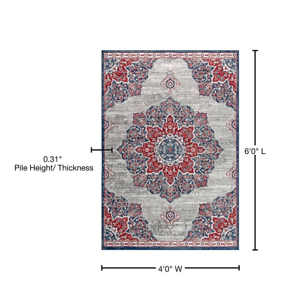 4'x6' Modern Persian Vintage Moroccan Medallion Area Rug, Navy/Red - JONATHAN Y
